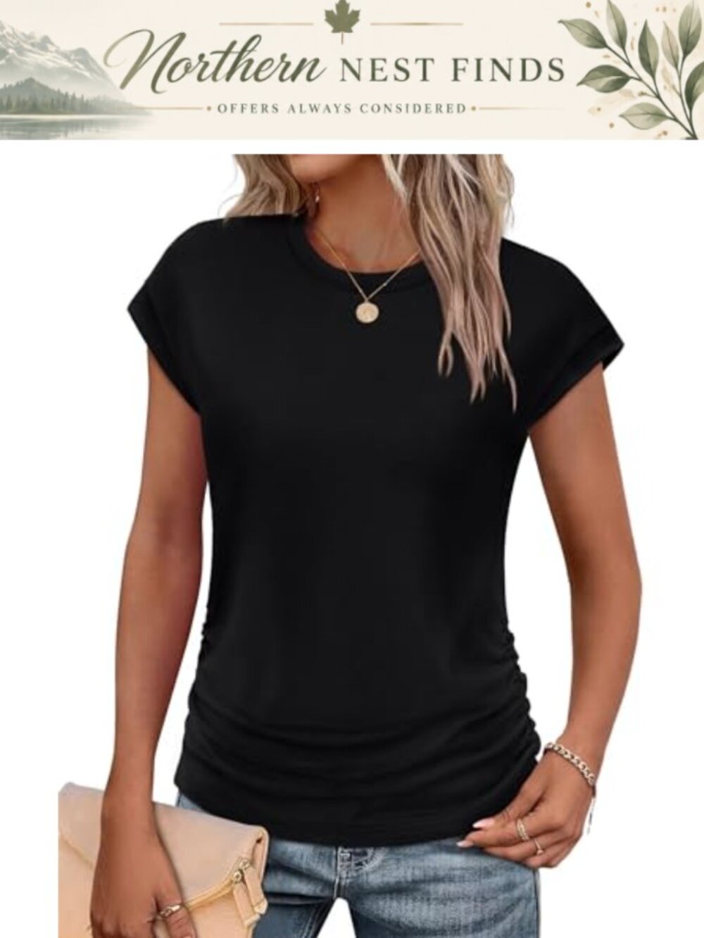 SAMPEEL Womens Ruched Cap Sleeve Crew Neck T-Shirt Summer Trendy Top